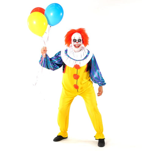 Front view of the full-length IT Pennywise Classic Clown adult costume featuring a bright yellow jumpsuit, red pom-poms, tiered neck ruffle, and sculpted white clown mask.