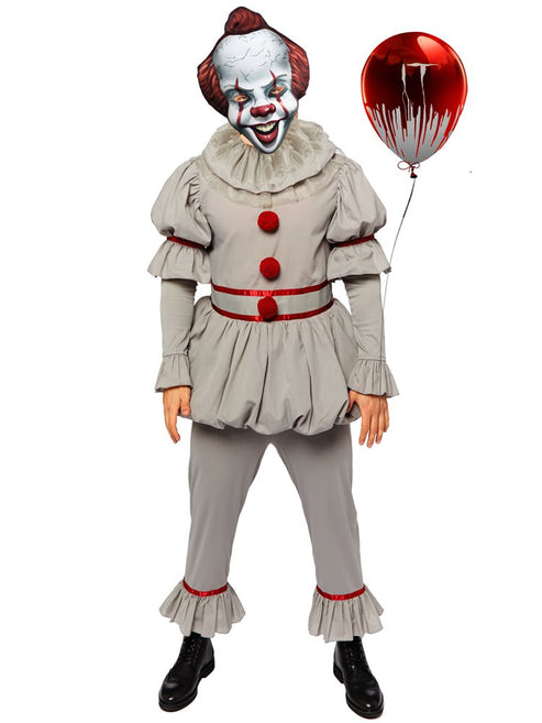 Front view of the IT Pennywise adult clown costume showing grey ruffled sleeves, layered neck collar, and bright red chest pom-poms against a dark backdrop.