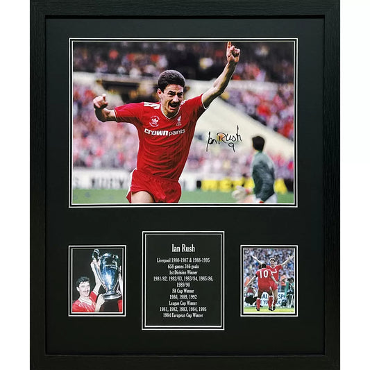 Ian Rush hand-signed Liverpool FC action photograph displayed in a professional gallery frame.
