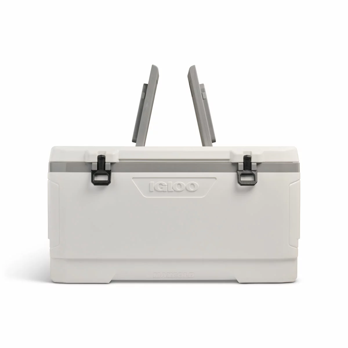 Side angle of the large grey Igloo MaxCold 142L XL cooler on grass with open butterfly hatches on the lid.