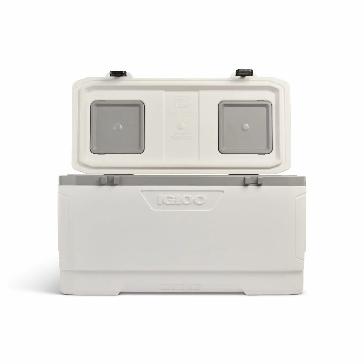 Side angle of the large grey Igloo MaxCold 142L XL cooler on grass with open butterfly hatches on the lid.