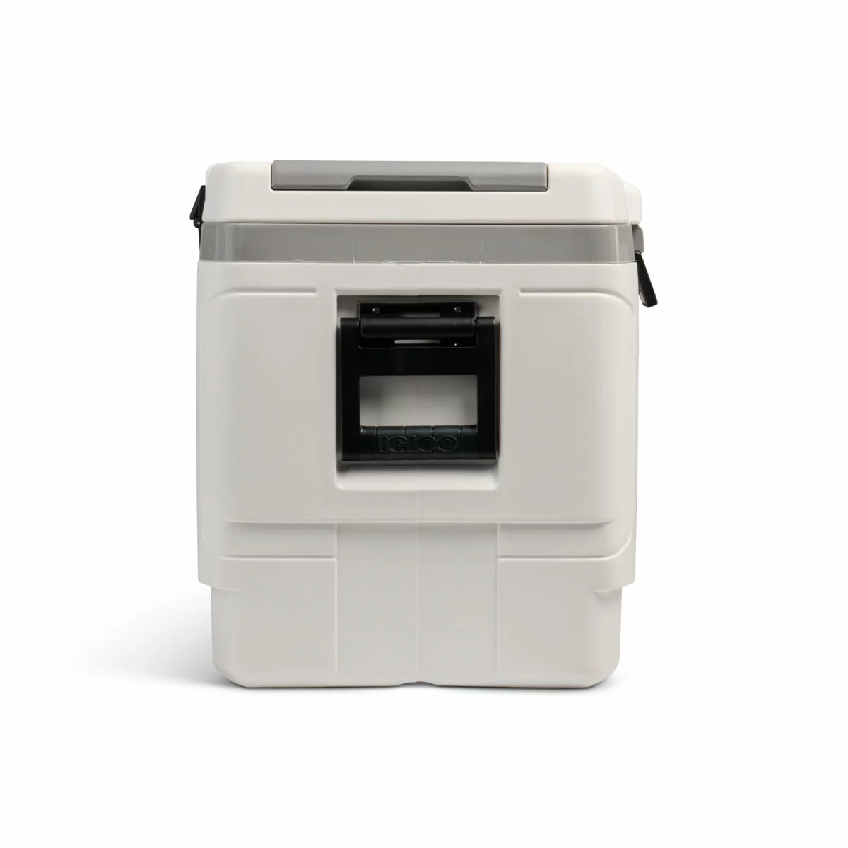 Side angle of the large grey Igloo MaxCold 142L XL cooler on grass with open butterfly hatches on the lid.