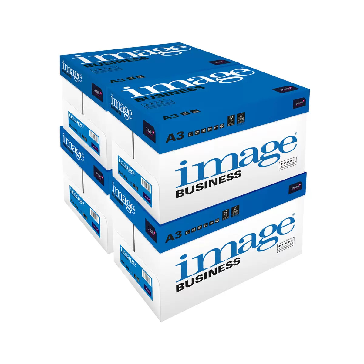 Stacked boxes of Image Business A3 80gsm white printer paper arranged neatly on a wooden pallet inside a well-lit corporate supply room.