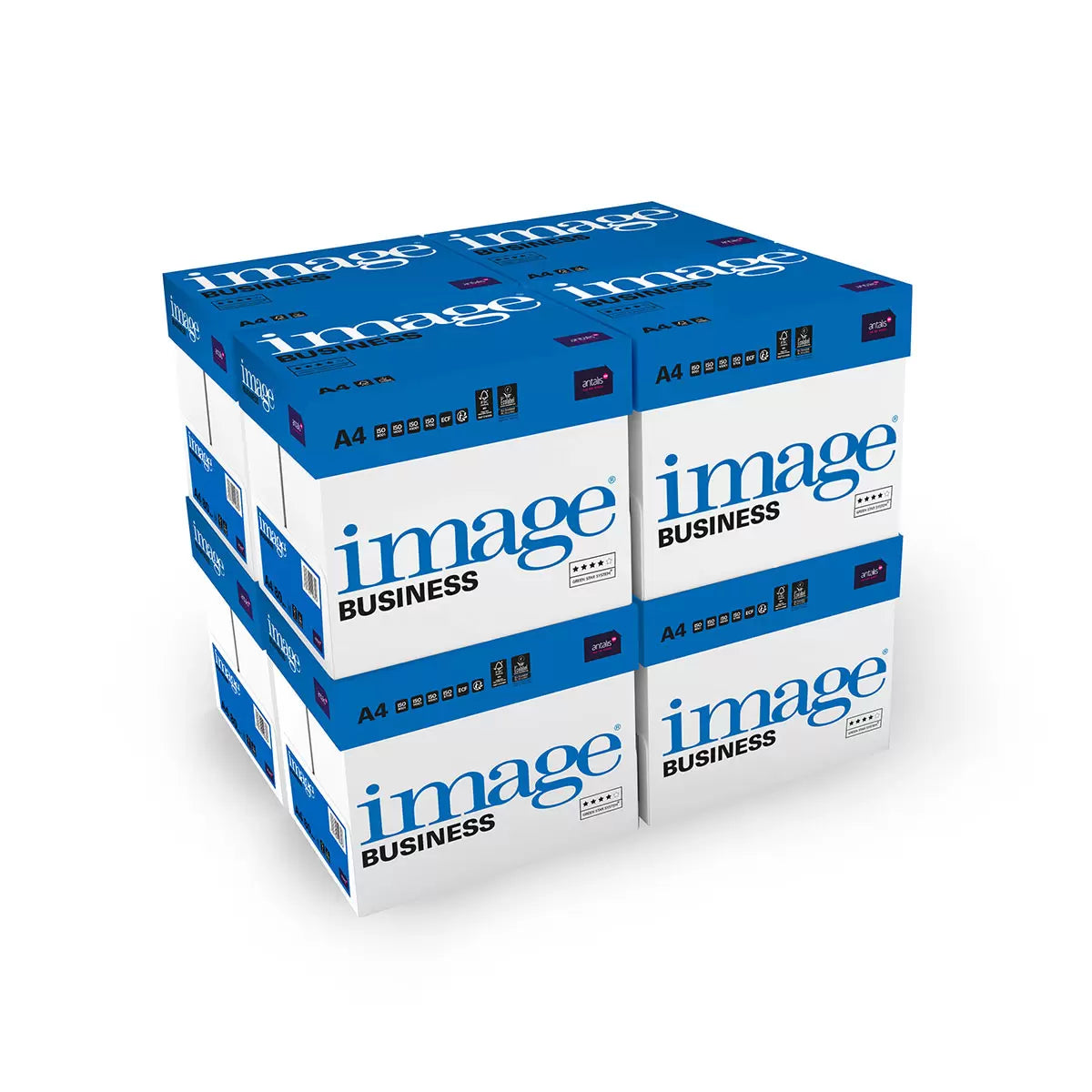 A neat stack of eight cardboard boxes containing Image Business A4 80gsm white printer paper, stacked neatly on a wooden floor in a bright corporate office setting.