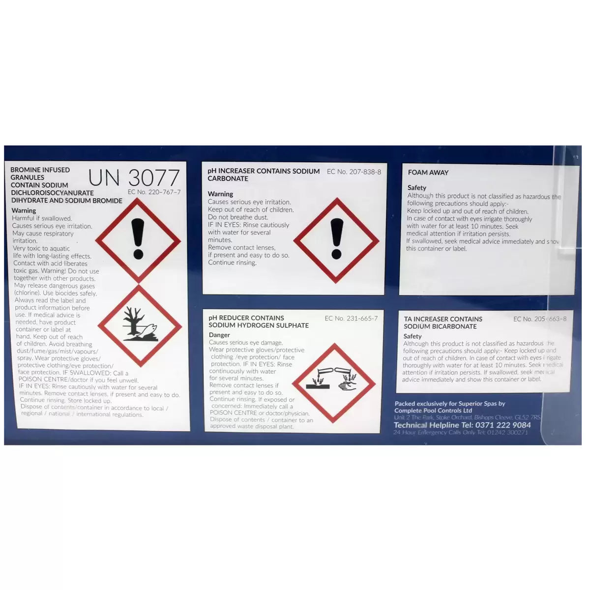 The complete InSpire Premium bromine chemical starter kit, featuring the bromine granules, foam away, pH adjusters, and a tube of 4-in-1 test strips neatly arranged on a clean patio table.