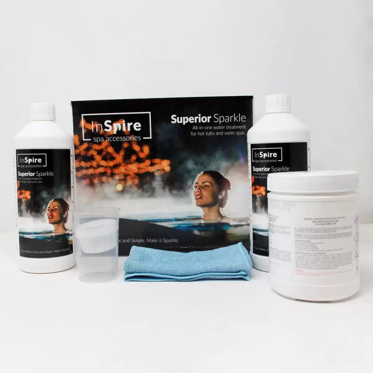 InSpire Superior Sparkle Spa Full Chemical Kit containing sanitizer, pH balancers, and water testing strips in a branded box.