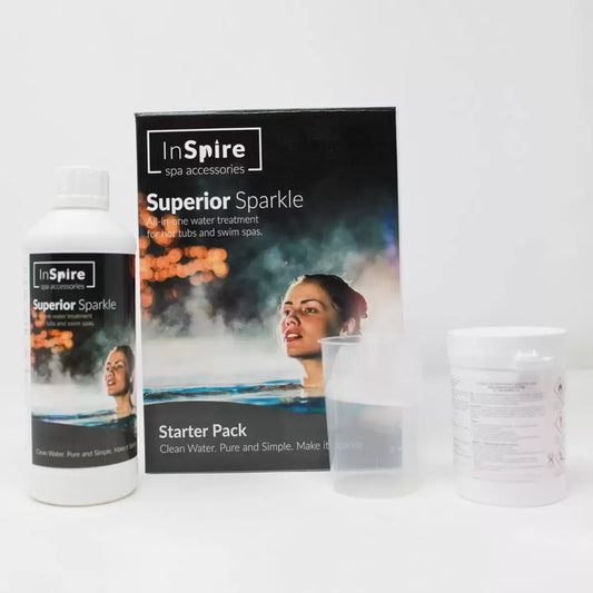 InSpire Superior Sparkle Spa Chemical Starter Kit with sanitizers, pH adjusters, and water test strips in a branded box.