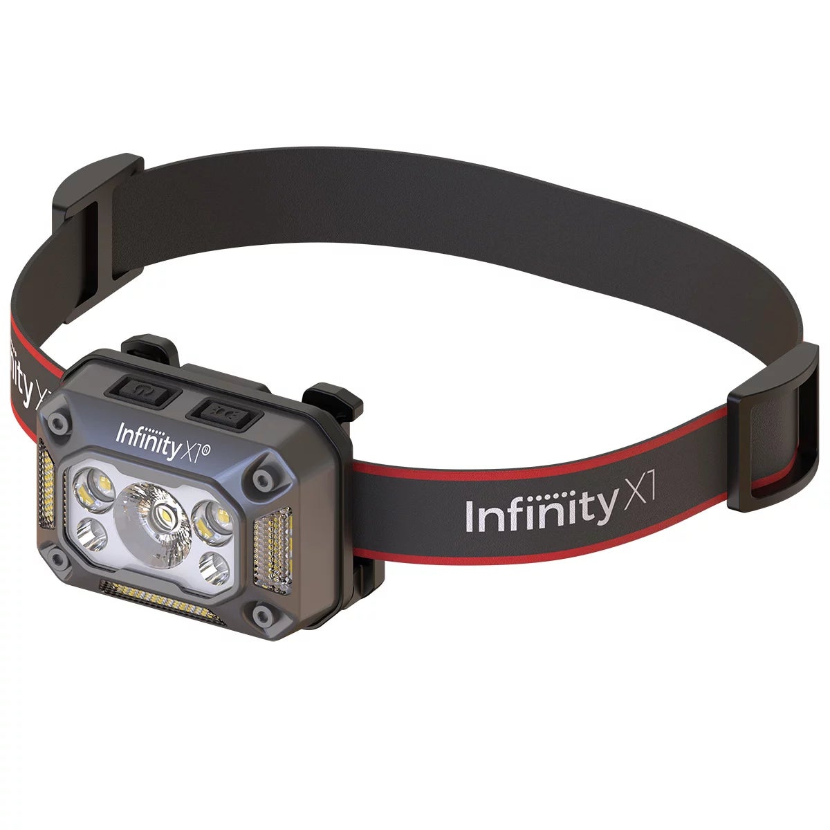 Three black Infinity rechargeable headlamps with adjustable elastic headbands arranged on a wooden workbench next to a USB-C charging cable.