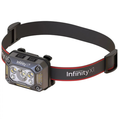Three black Infinity rechargeable headlamps with adjustable elastic headbands arranged on a wooden workbench next to a USB-C charging cable.