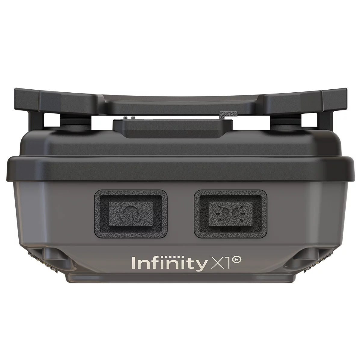 Three black Infinity rechargeable headlamps with adjustable elastic headbands arranged on a wooden workbench next to a USB-C charging cable.