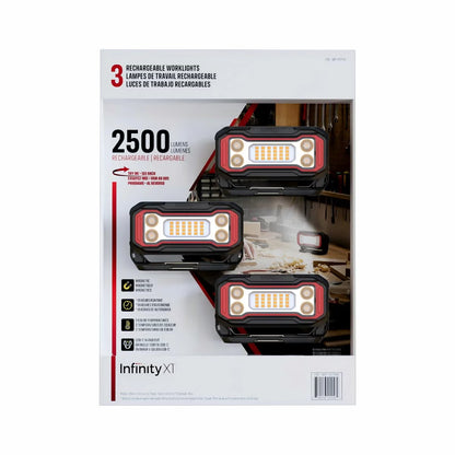 Three compact black and orange Infinity X1 rechargeable work lights displayed showing the 180-degree magnetic base, rear USB-C ports, and hanging clip.