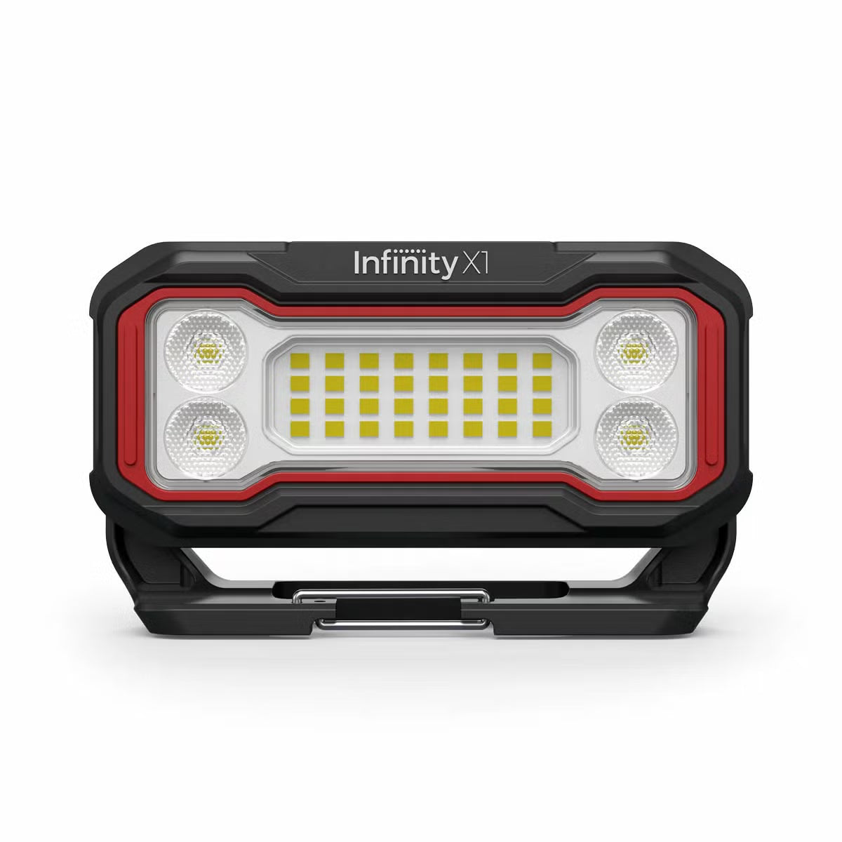Three compact black and orange Infinity X1 rechargeable work lights displayed showing the 180-degree magnetic base, rear USB-C ports, and hanging clip.