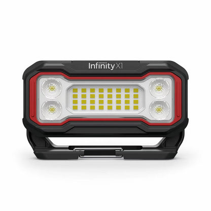 Three compact black and orange Infinity X1 rechargeable work lights displayed showing the 180-degree magnetic base, rear USB-C ports, and hanging clip.