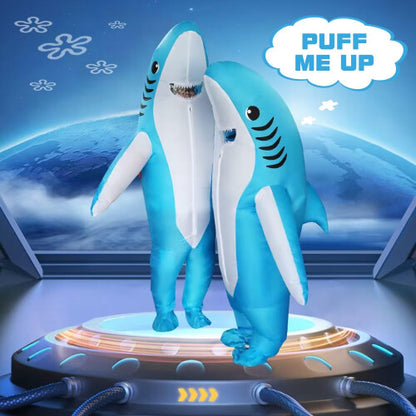 Front view of a full-body bright blue inflated adult shark costume with open jaws and white teeth standing in a party setting.