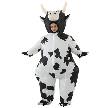 Front view of a fully inflated black and white spot adult cow costume with a cartoon face on a plain background