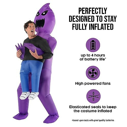 Front view of an adult wearing a purple inflatable carrying ghoul costume with an illuminated LED face glowing in a dimly lit setting.