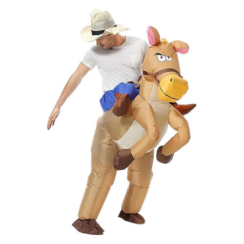 Vibrant adult wearing an inflated brown and white horse costume complete with matching cowboy hat in a party setting.