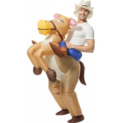 Vibrant adult wearing an inflated brown and white horse costume complete with matching cowboy hat in a party setting.
