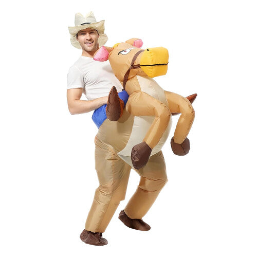 Vibrant adult wearing an inflated brown and white horse costume complete with matching cowboy hat in a party setting.