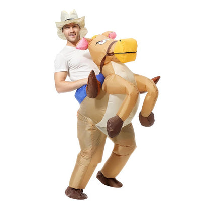 Vibrant adult wearing an inflated brown and white horse costume complete with matching cowboy hat in a party setting.