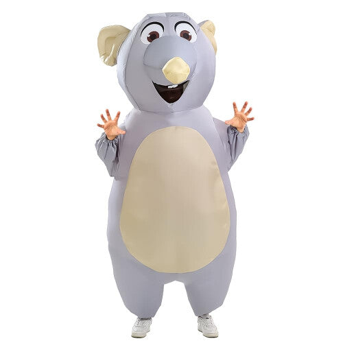Full-length front view of an adult wearing an inflated grey cartoon mouse costume with big round ears standing in a brightly lit room.
