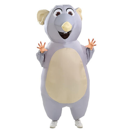 Full-length front view of an adult wearing an inflated grey cartoon mouse costume with big round ears standing in a brightly lit room.