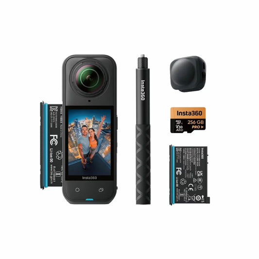 Insta360 X5 black dual-lens 360 action camera mounted on its invisible selfie stick alongside two 2400mAh batteries and a 256GB memory card.