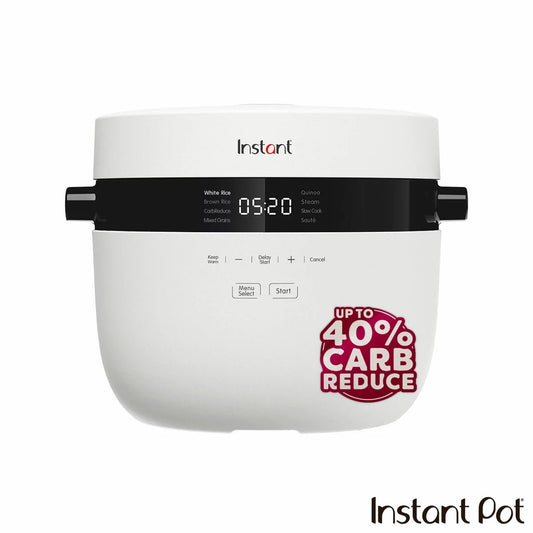 Front angle shot of the modern white Instant Pot 5L 20 Cup Rice Cooker & Steamer sitting on a kitchen counter with its digital control interface visible.