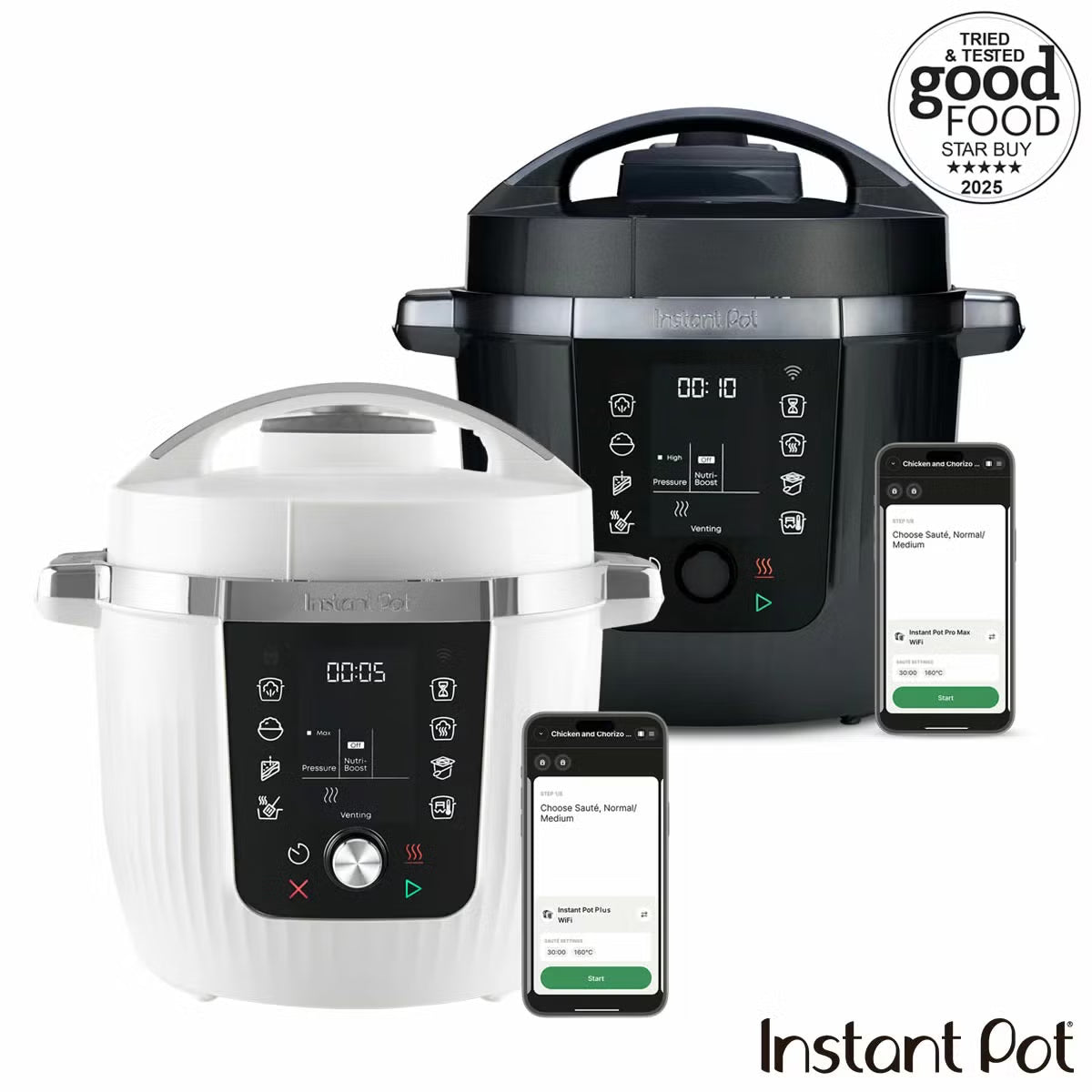 Front three-quarter angle of the Coconut White Instant Pot PRO 5.7L multicooker on a kitchen counter displaying the digital LCD screen and top lid.