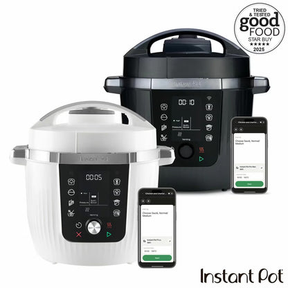 Front three-quarter angle of the Coconut White Instant Pot PRO 5.7L multicooker on a kitchen counter displaying the digital LCD screen and top lid.