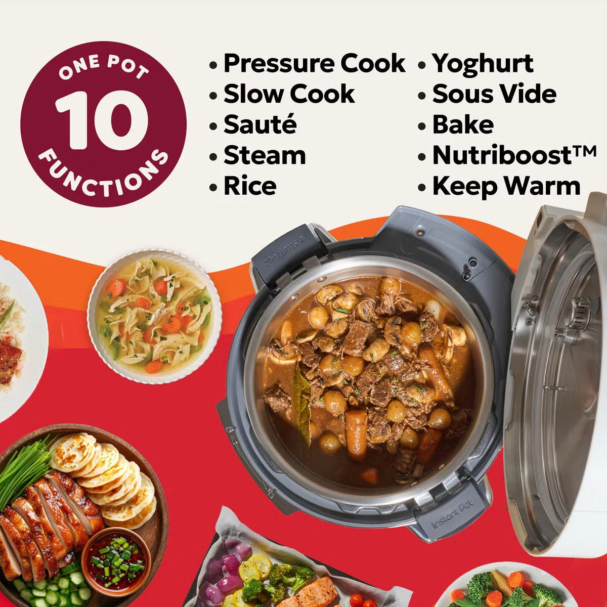 Front three-quarter angle of the Coconut White Instant Pot PRO 5.7L multicooker on a kitchen counter displaying the digital LCD screen and top lid.