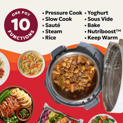 Front three-quarter angle of the Coconut White Instant Pot PRO 5.7L multicooker on a kitchen counter displaying the digital LCD screen and top lid.
