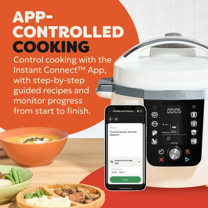 Front three-quarter angle of the Coconut White Instant Pot PRO 5.7L multicooker on a kitchen counter displaying the digital LCD screen and top lid.