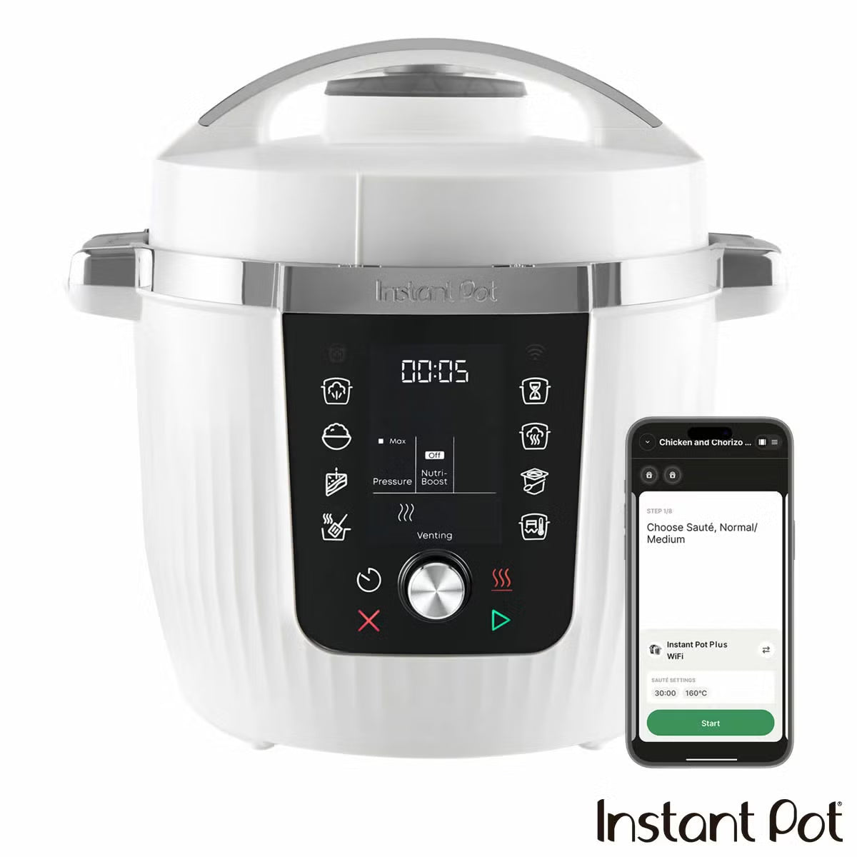 Front three-quarter angle of the Coconut White Instant Pot PRO 5.7L multicooker on a kitchen counter displaying the digital LCD screen and top lid.