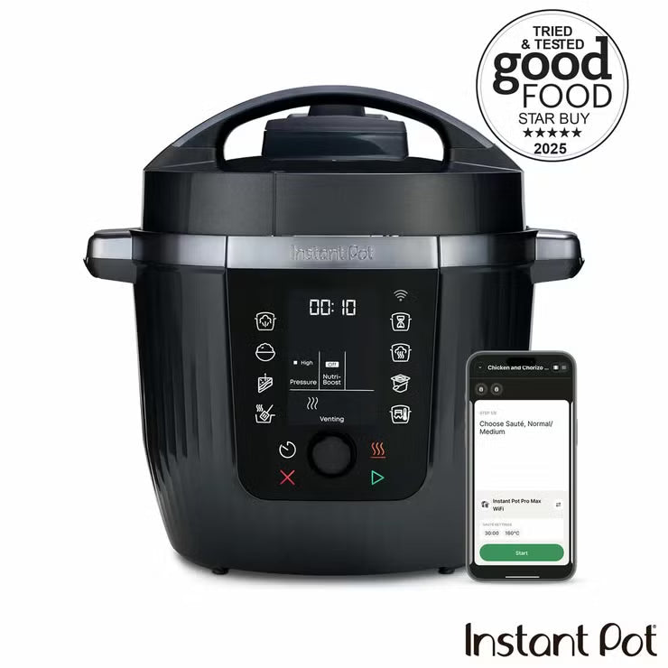 Front three-quarter angle of the Coconut White Instant Pot PRO 5.7L multicooker on a kitchen counter displaying the digital LCD screen and top lid.