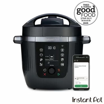 Front three-quarter angle of the Coconut White Instant Pot PRO 5.7L multicooker on a kitchen counter displaying the digital LCD screen and top lid.