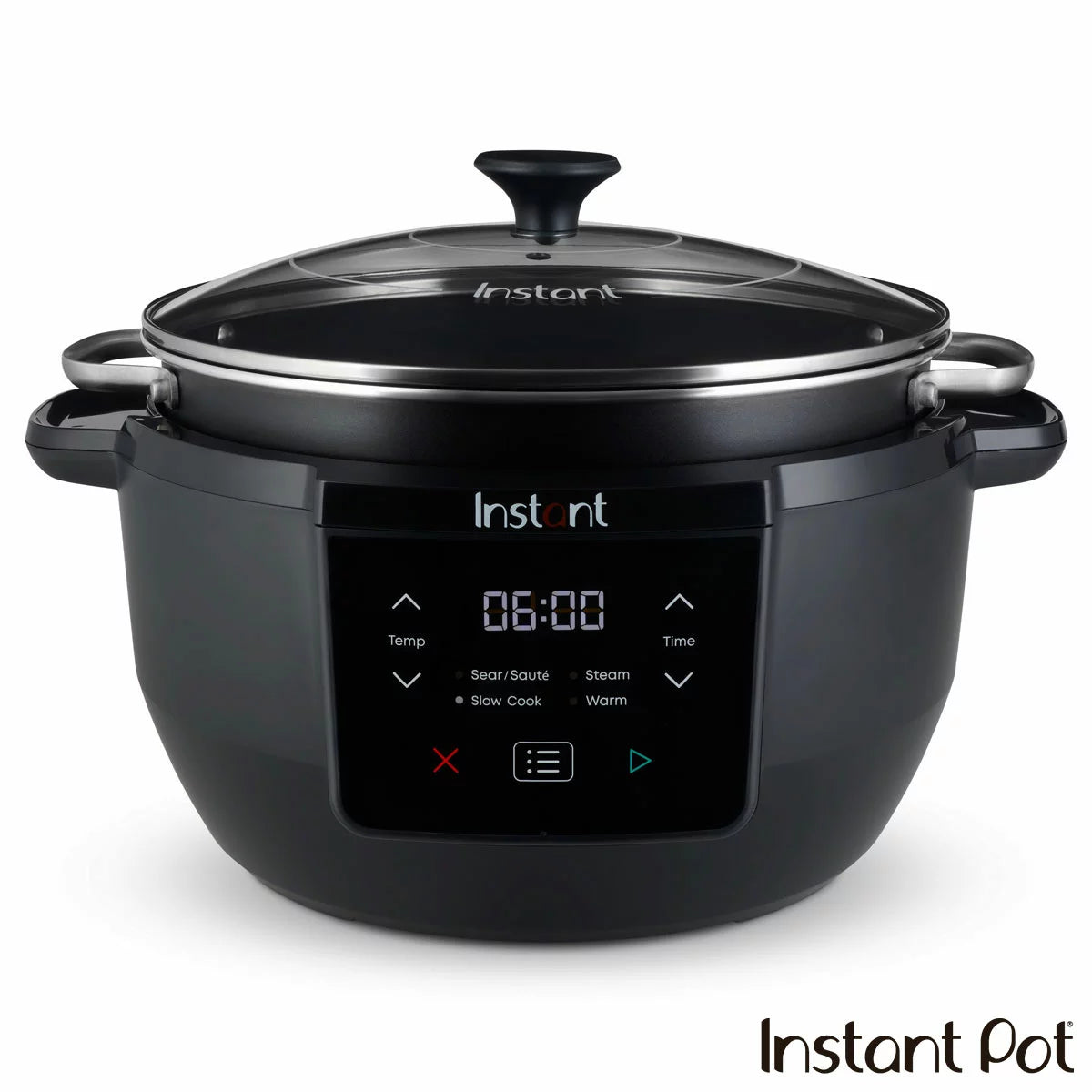 A black Instant Pot Superior 7.1L slow cooker sitting on a wooden kitchen surface with its glass lid resting neatly on top.