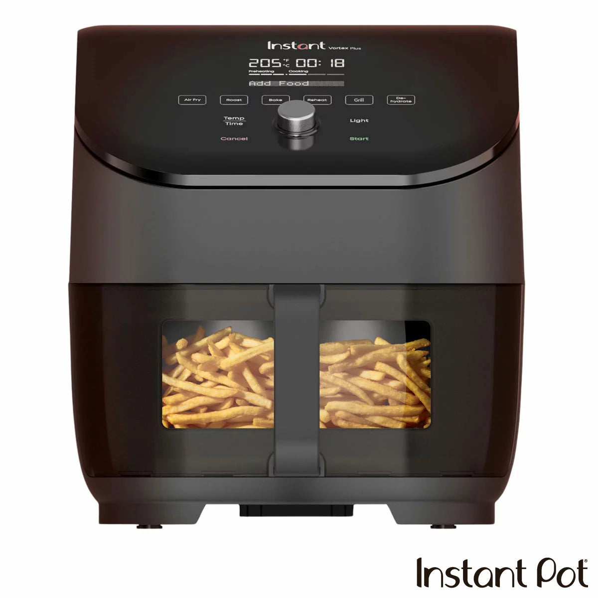 Instant Vortex Plus With ClearCook Air Fryer 5.7L in Black featuring ClearCook viewing window and healthy oil-free cooking technology.