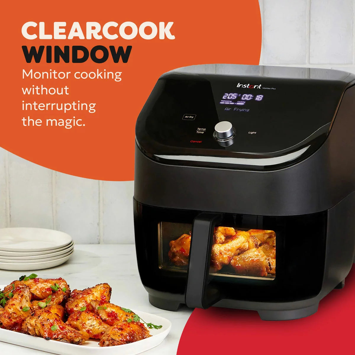 Instant Vortex Plus With ClearCook Air Fryer 5.7L in Black featuring ClearCook viewing window and healthy oil-free cooking technology.