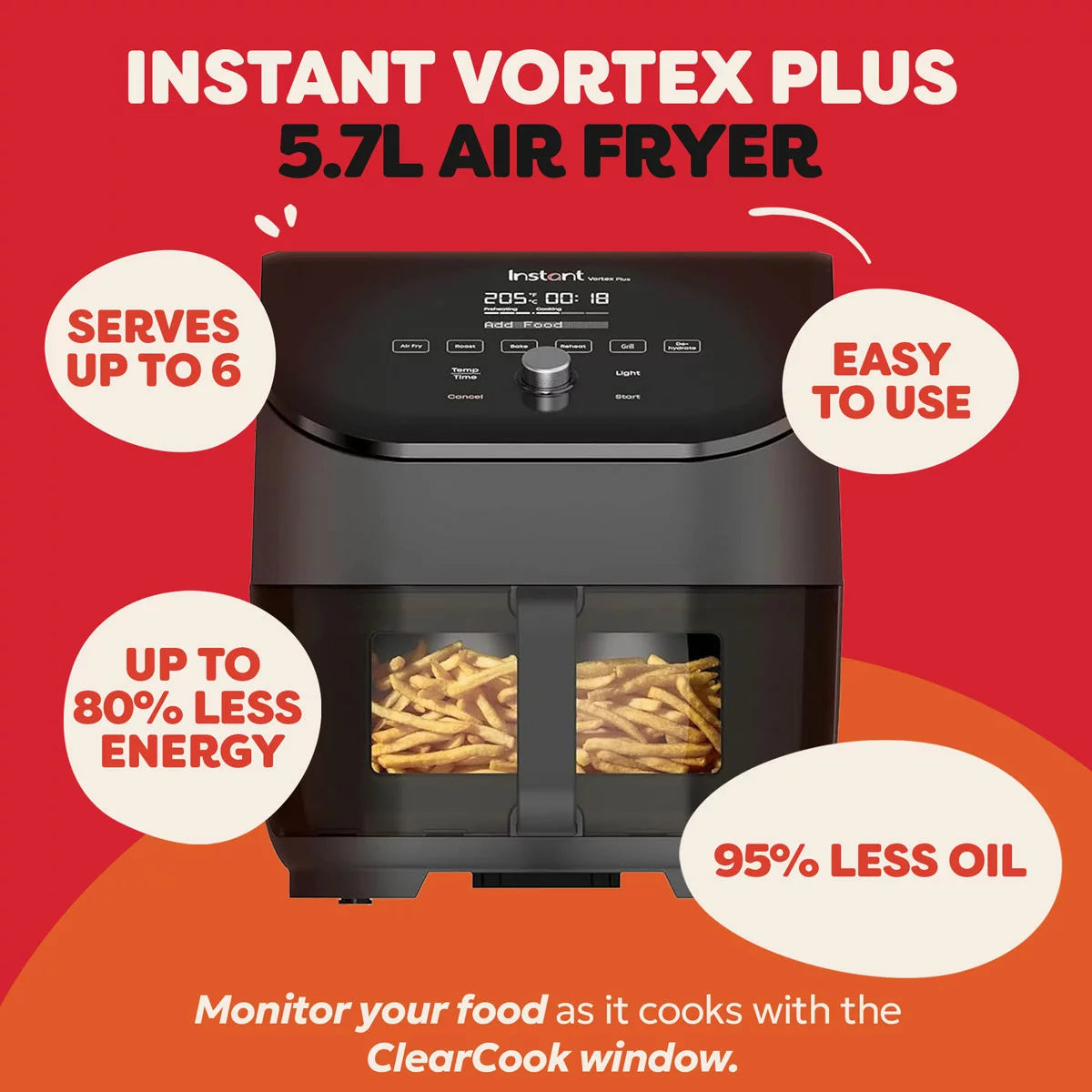 Instant Vortex Plus With ClearCook Air Fryer 5.7L in Black featuring ClearCook viewing window and healthy oil-free cooking technology.