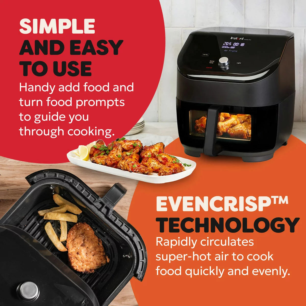 Instant Vortex Plus With ClearCook Air Fryer 5.7L in Black featuring ClearCook viewing window and healthy oil-free cooking technology.