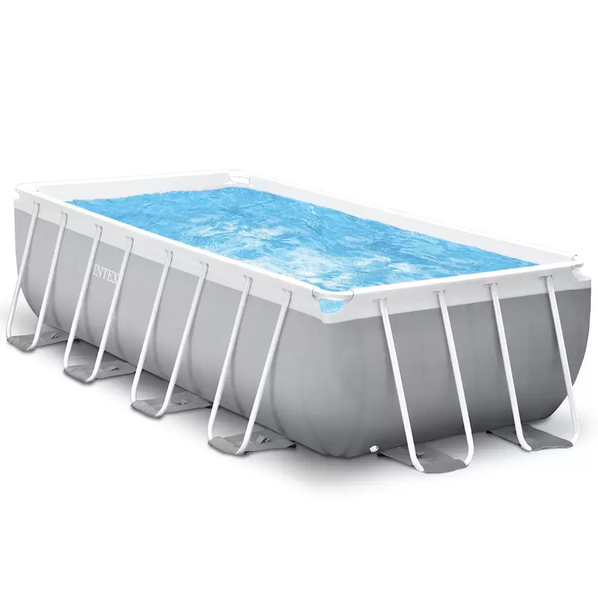 Intex 13ft grey rectangular Prism Frame swimming pool with durable liner, filter pump, and safety ladder installed in a family garden for summer outdoor swimming fun.