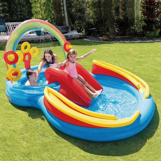 Intex Rainbow Ring inflatable play center with water slide, rainbow arch sprayer, and colorful play balls.