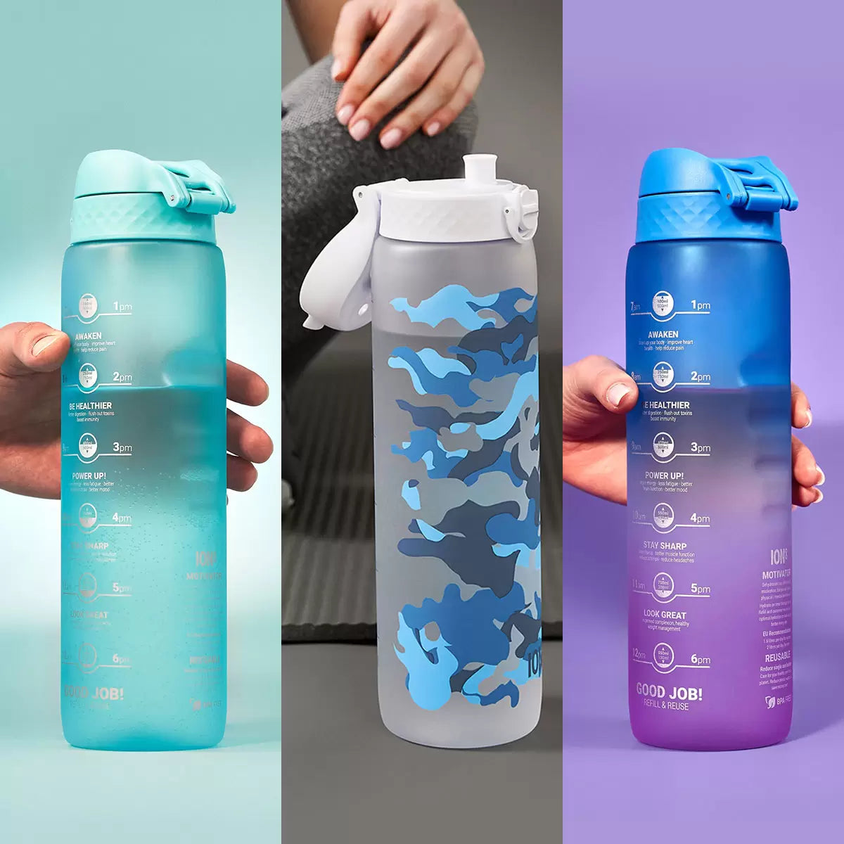 Trio of Ion8 Recyclon™ 1L Motivator bottles in Sonic Blue, Camouflage, and Blue & Pink colors.