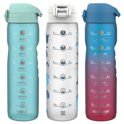 Trio of Ion8 Recyclon™ 1L Motivator bottles in Sonic Blue, Camouflage, and Blue & Pink colors.