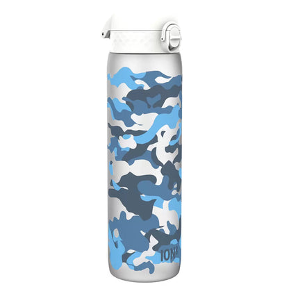 Trio of Ion8 Recyclon™ 1L Motivator bottles in Sonic Blue, Camouflage, and Blue & Pink colors.