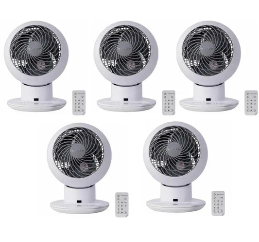 Pack of five white Iris Woozoo air circulator fans with remote controls, showcasing a compact desktop design and spiral grill.