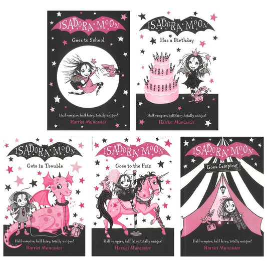 Five Isadora Moon paperback books by Harriet Muncaster neatly stacked together displaying pink and black illustrated covers.