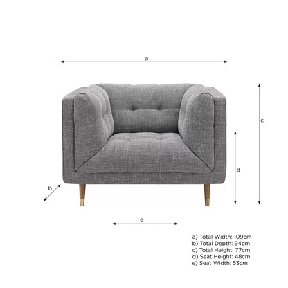 Grey fabric armchair with cushioned seat and modern design for living room and lounge interiors