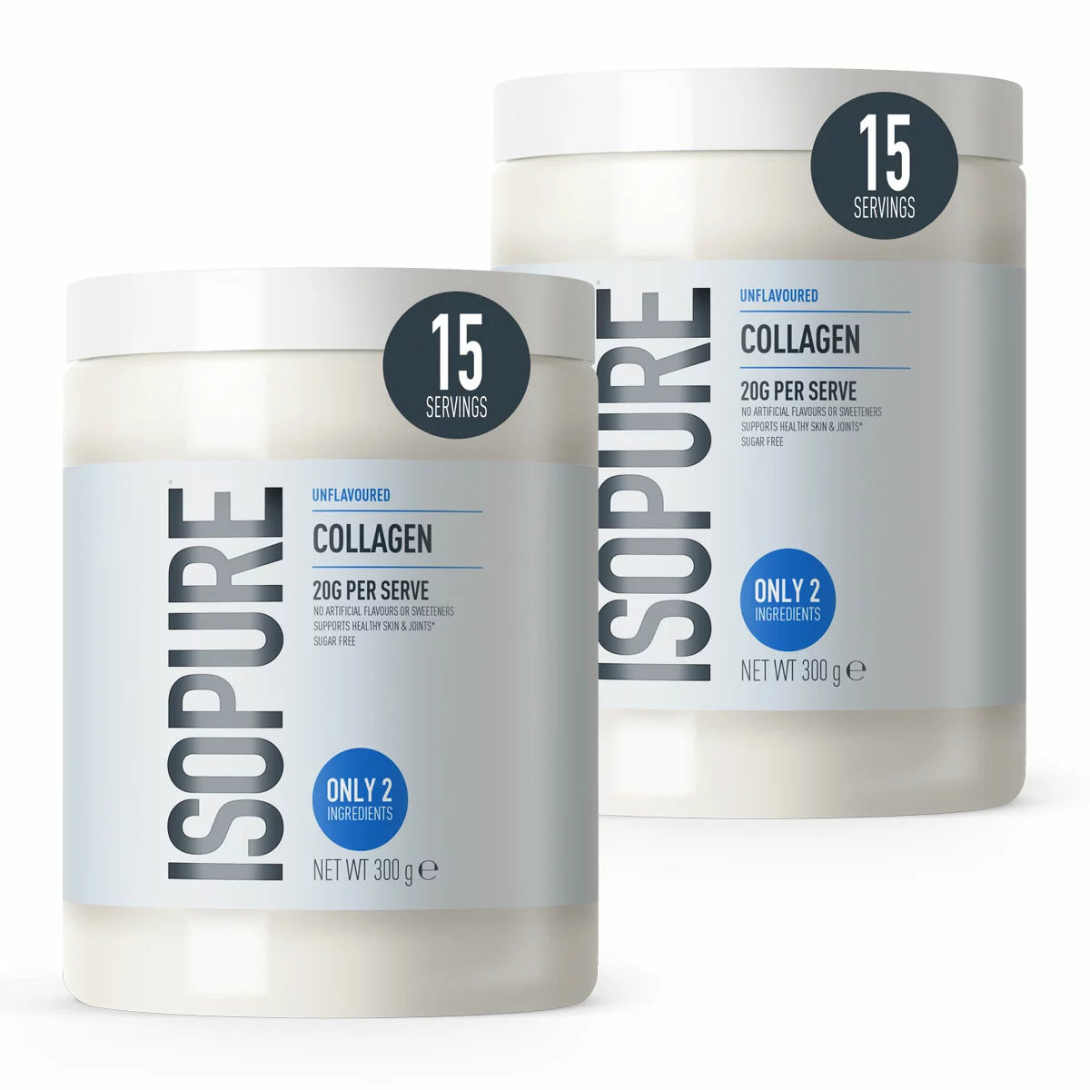 Two 300g tubs of Isopure Unflavoured Collagen powder shown side by side against a clean studio backdrop.